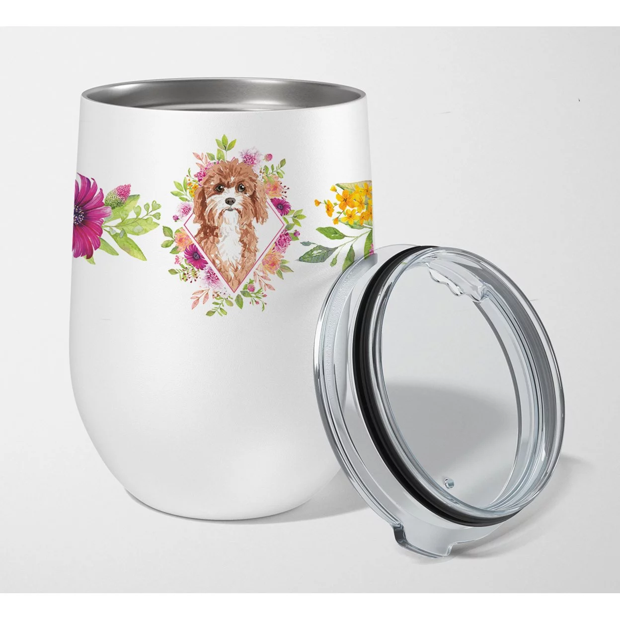 Carolines Treasures CK4247TBL12 Cavapoo Pink Flowers Stainless Steel 12 oz Stemless Wine Glass 12 oz multicolor