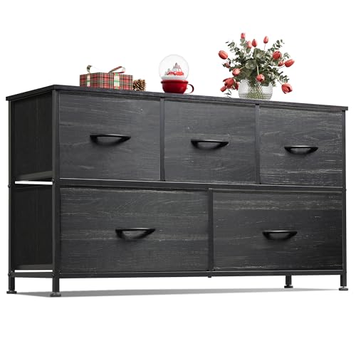 WLIVE Dresser for Bedroom with 5 Drawers, Wide Chest of Drawers, Fabric Dresser, Storage Organizer Unit with Fabric Bins for Closet, Living Room, Hallway, Dark Grey