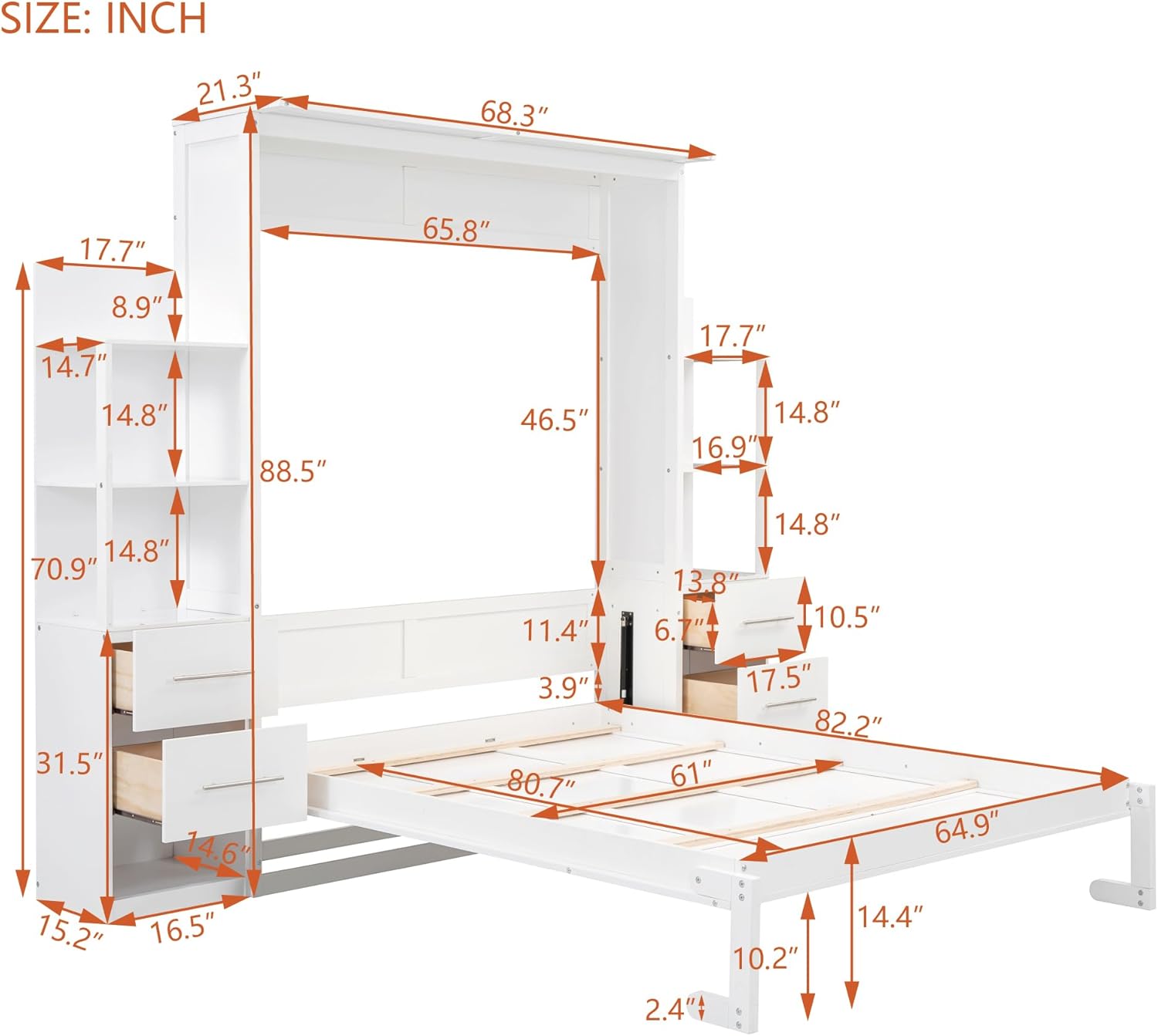Queen Size Murphy Bed Wall Bed with Shelves, Drawers and LED Lights,White