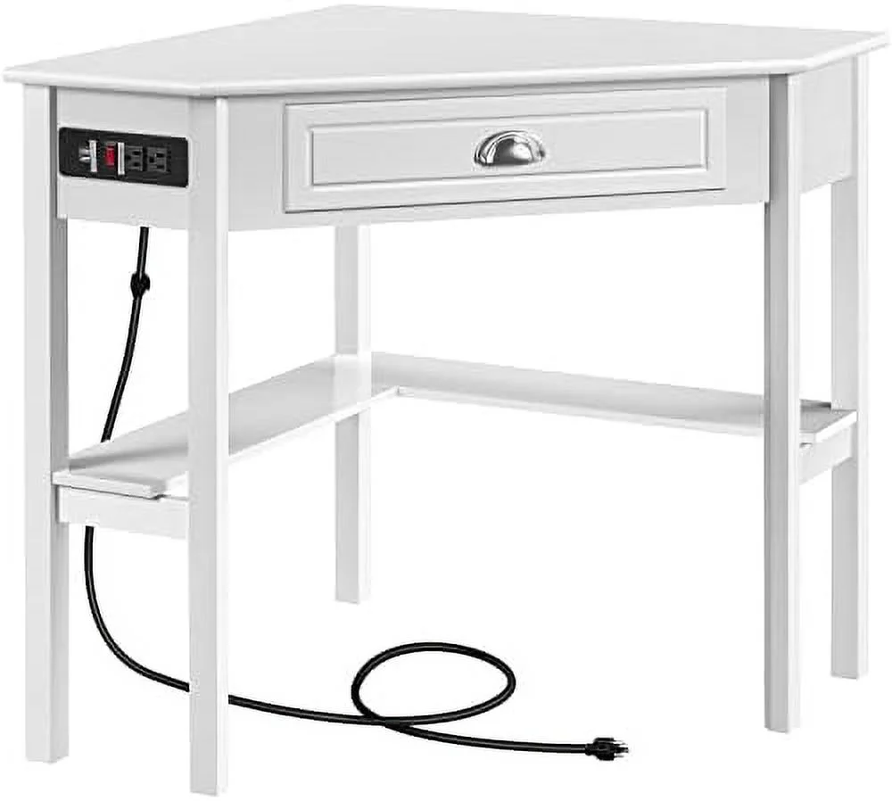 HOOMHIBIU L Shaped Corner Computer Desk with Power Outlets  Reversible Triangle Workstation with USB Ports and Hook for Small Space   Office Desk Gaming Table with Drawer &   White