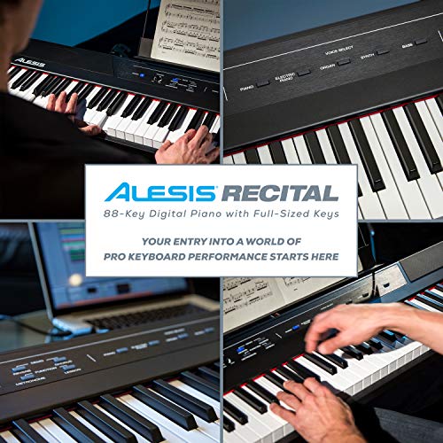 Alesis Recital – 88 Key Digital Piano Keyboard with Semi Weighted Keys, 2x20W Speakers, 5 Voices, Split, Layer and Lesson Mode, FX and Piano Lessons
