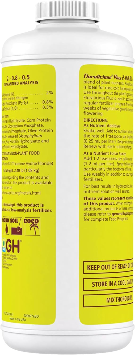 General Hydroponics Floralicious Plus, Vitality Plant Food, 2-0.8-0.5, 1 qt.