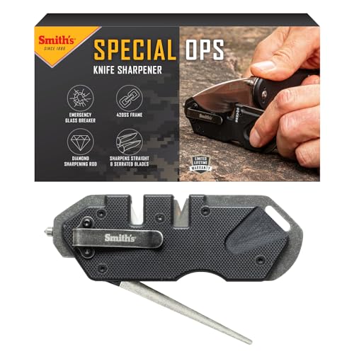 Smith’s Pocket Pal Tactical Knife Sharpener - 2 Stage Sharpener & Diamond Sharpening Rod - Pocket Clip - Outdoor Hunting Knife & Hook Sharpener - Compact & Lightweight