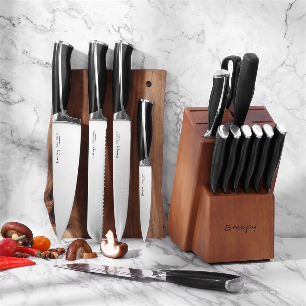 Emojoy Knives Set for Kitchen With Block,Rust Proof,15-Pcs Knife Set with Block Wooden, Black Handle German Stainless Steel Cutlery Knife Set