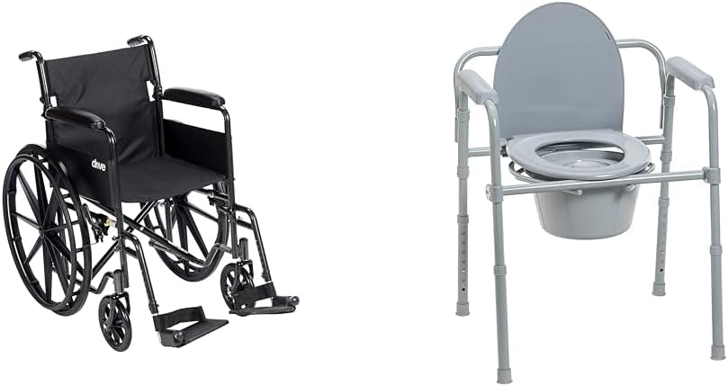 Drive Medical SSP118FA-SF Silver Sport 1 Folding Transport Wheelchair with Full Arms and Removable Swing-Away Footrest & 11148-1 Folding Steel Bedside Commode Chair