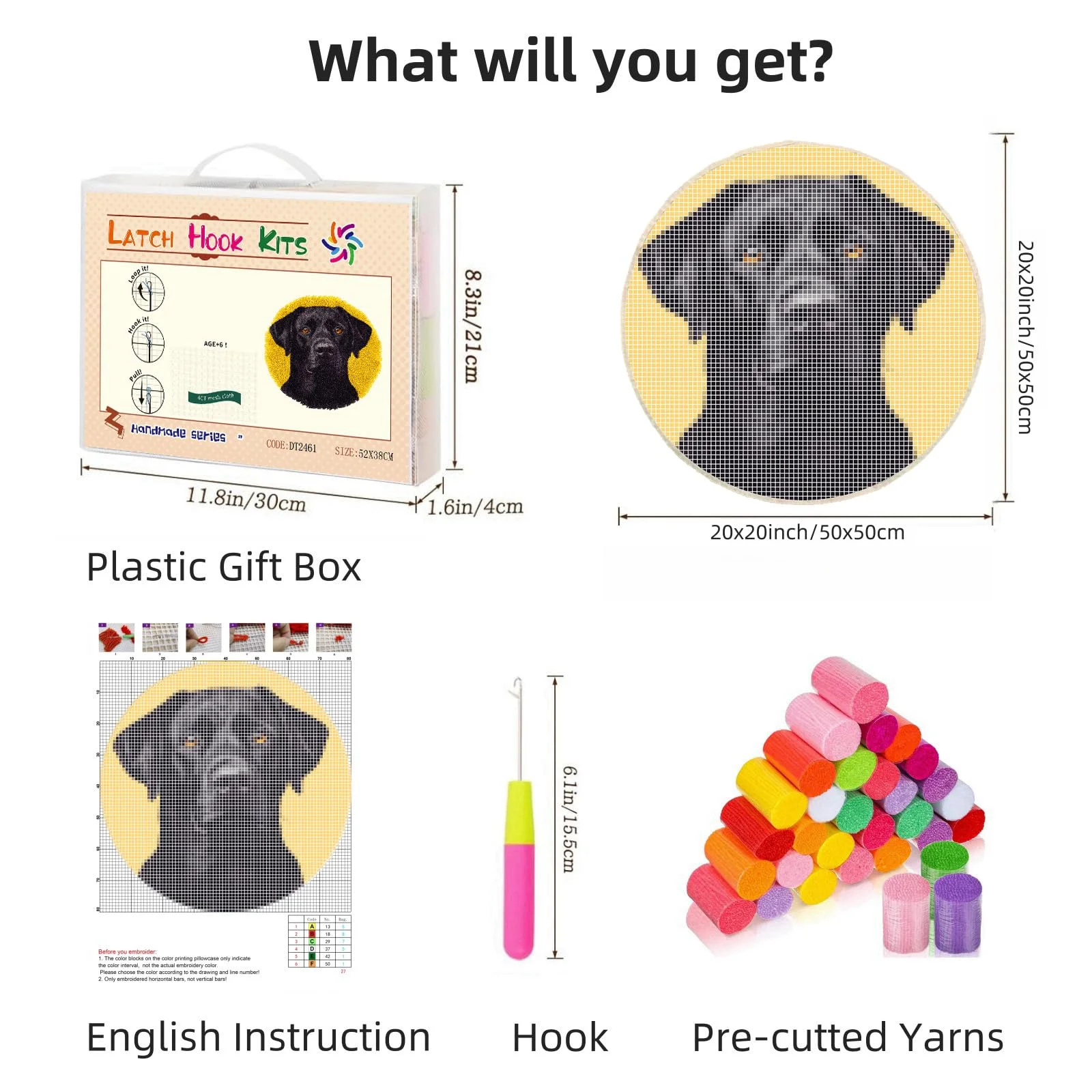 Latch Hook Rug Kit Black Labrador Dog Stamped Handmade Round Shape Carpet Crochet Yarn Craft DIY Hook and Latch Door Mat Tapestry for Home Floor Decor 50x50cm(3)