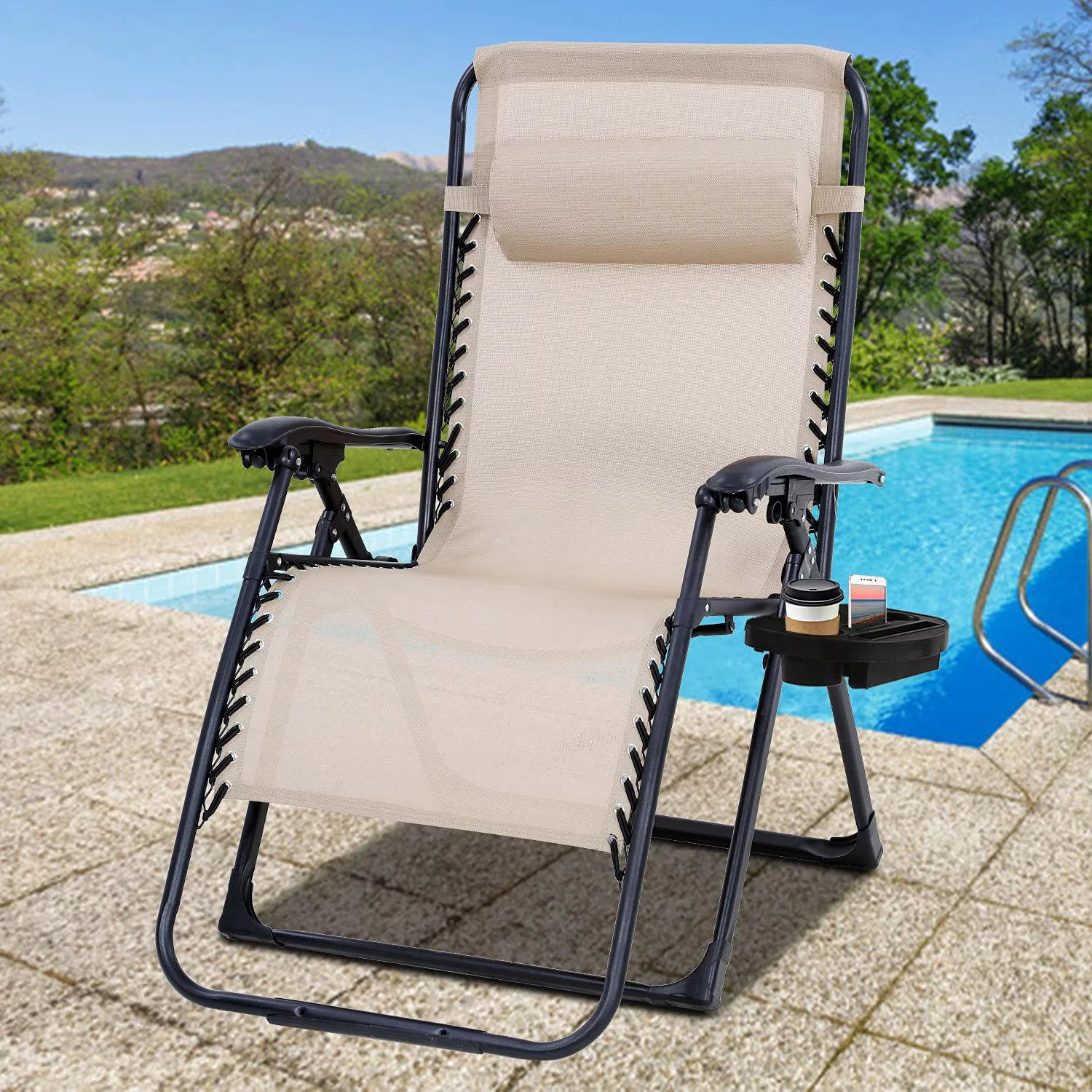Zero Gravity Chair Oversized Patio Chair, 330lbs Weight Capacity Outdoor Folding Chair Lounge Recliner Chair Camping Chair with Cup Holder Tray and Pillows for Pool Deck Camping, Tan