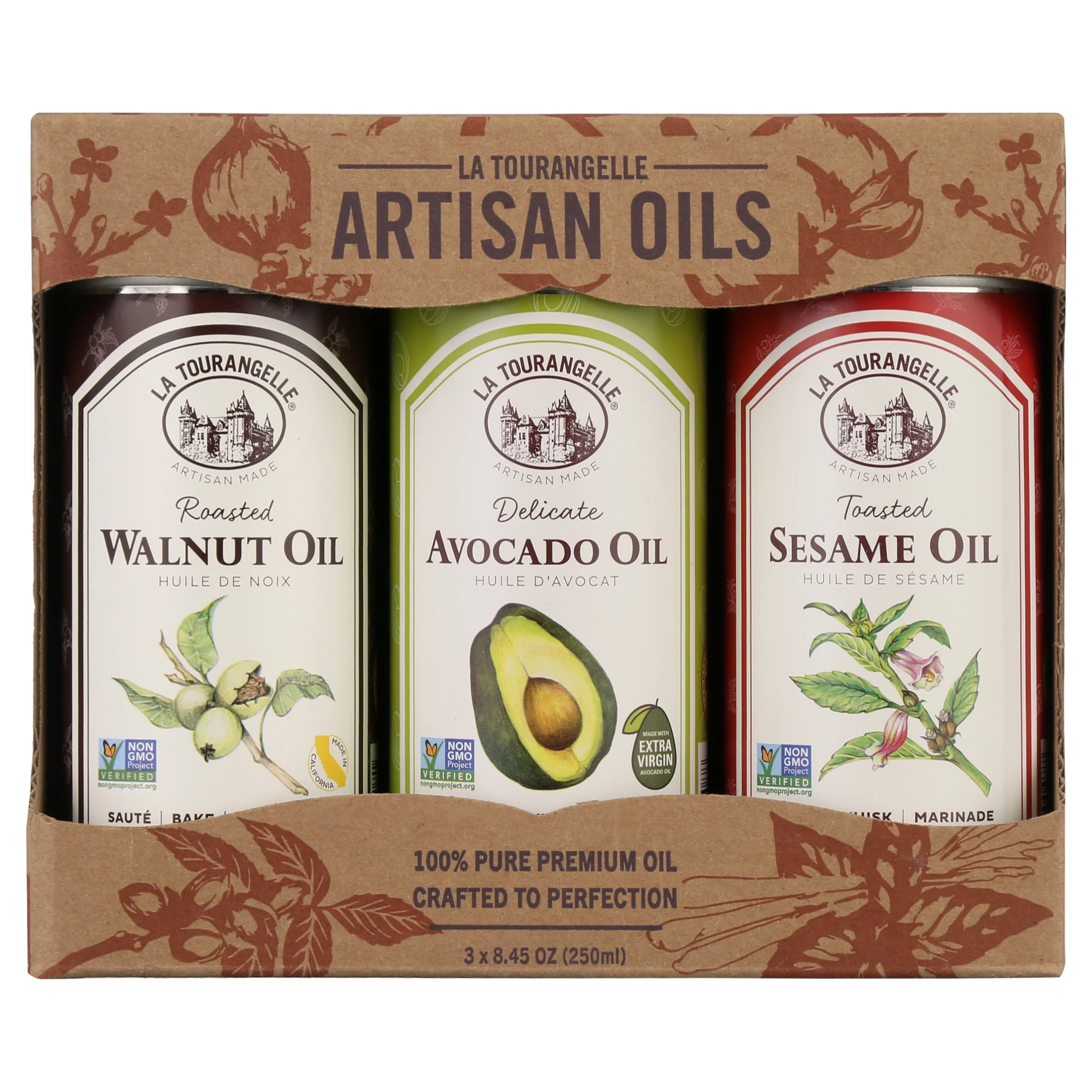 La Tourangelle,Trio of Oils Gift Box - Roasted Walnut, Delicate Avocado, Toasted Sesame Oil, Pack of 3 x 8.45 oz