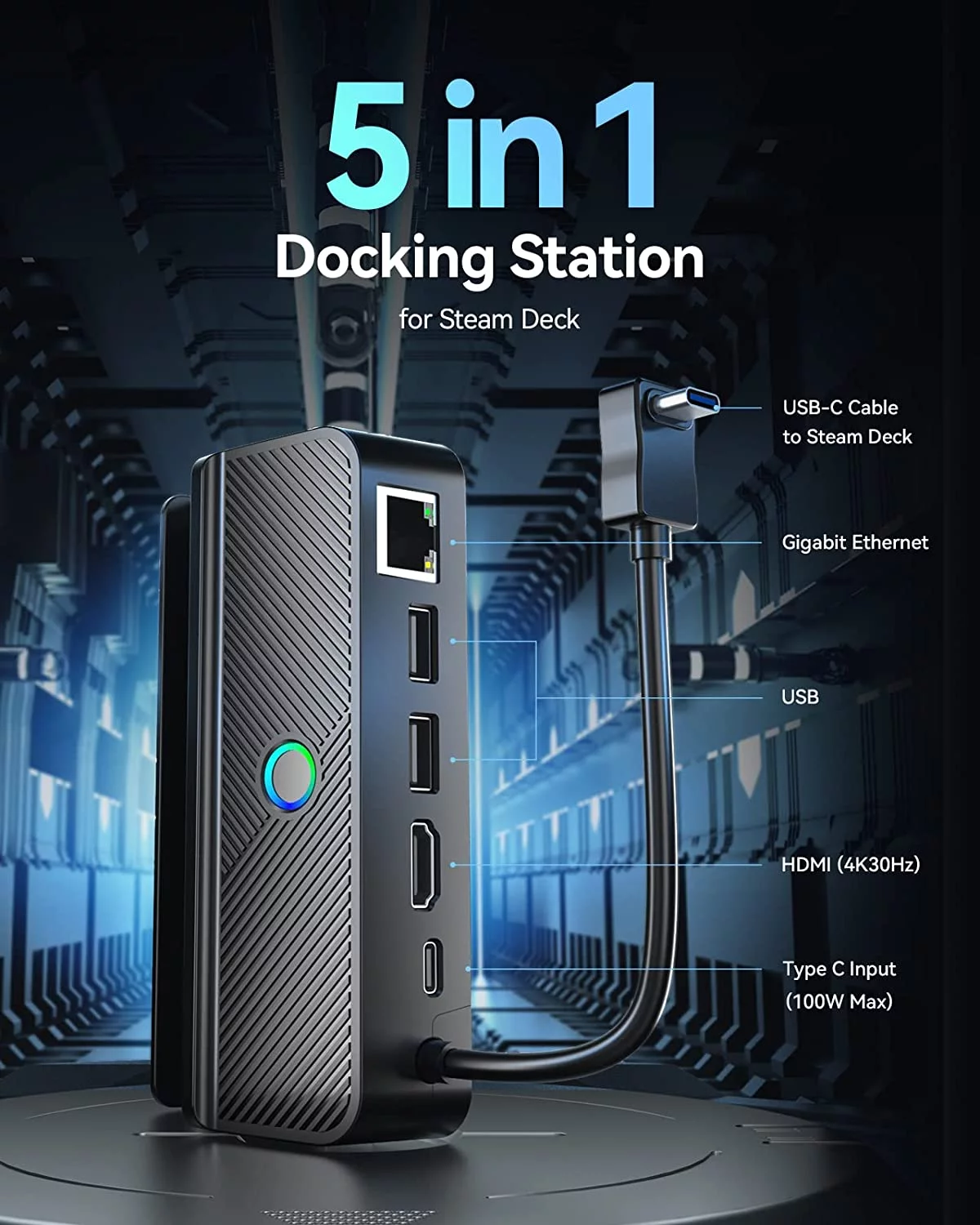Steam Deck Dock with LED Light, 5-in-1 Steam Dock with Gigabit Ethernet, HD 2.0, 2 USB-A, 100W Full Speed Charging Port, Docking Station for Steam Deck Accessories
