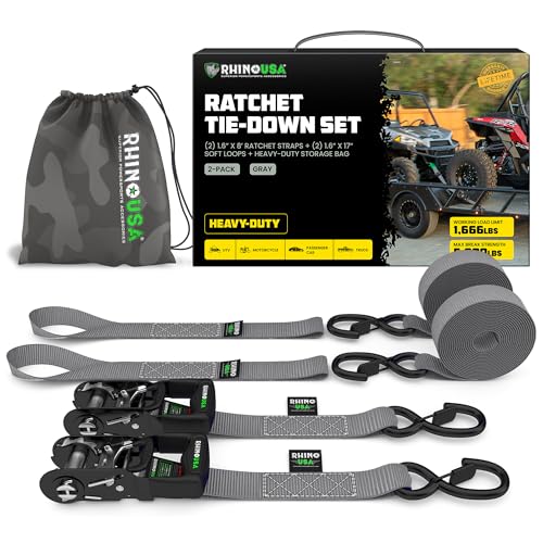 Rhino USA Ratchet Straps Heavy Duty Kit (4-Pack) - 1.6 Inch x 8 Feet (5,208lb Break Strength) - Ultimate Tie Down Straps with Safety S Hooks for Trucks, ATV, UTV, Motorcycle, Cargo & More - Black