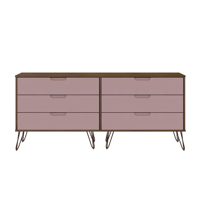 Rockefeller 6-Drawer Double Low Dresser with Metal Legs in Native & Rose Pink, 30.24 x 69.72 x 19.02 in.