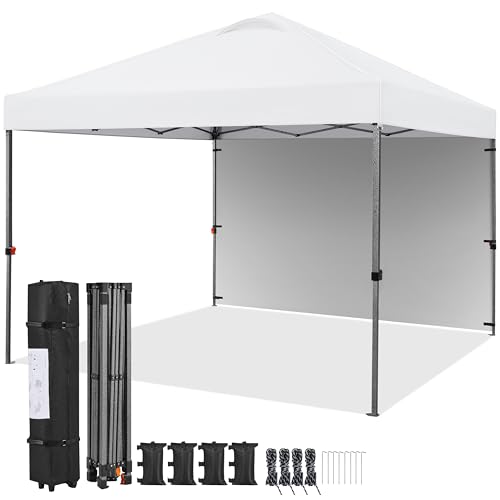 Yaheetech 10x10 Pop up Canopy Tent w/1 Sidewall, Instant Commercial 150D Silver Coated Fabric Outdoor Instant Tent w/Wheeled Bag, 4 Sandbags, 8 Stakes & 4 Ropes for Parties, Camping, Beach, Black