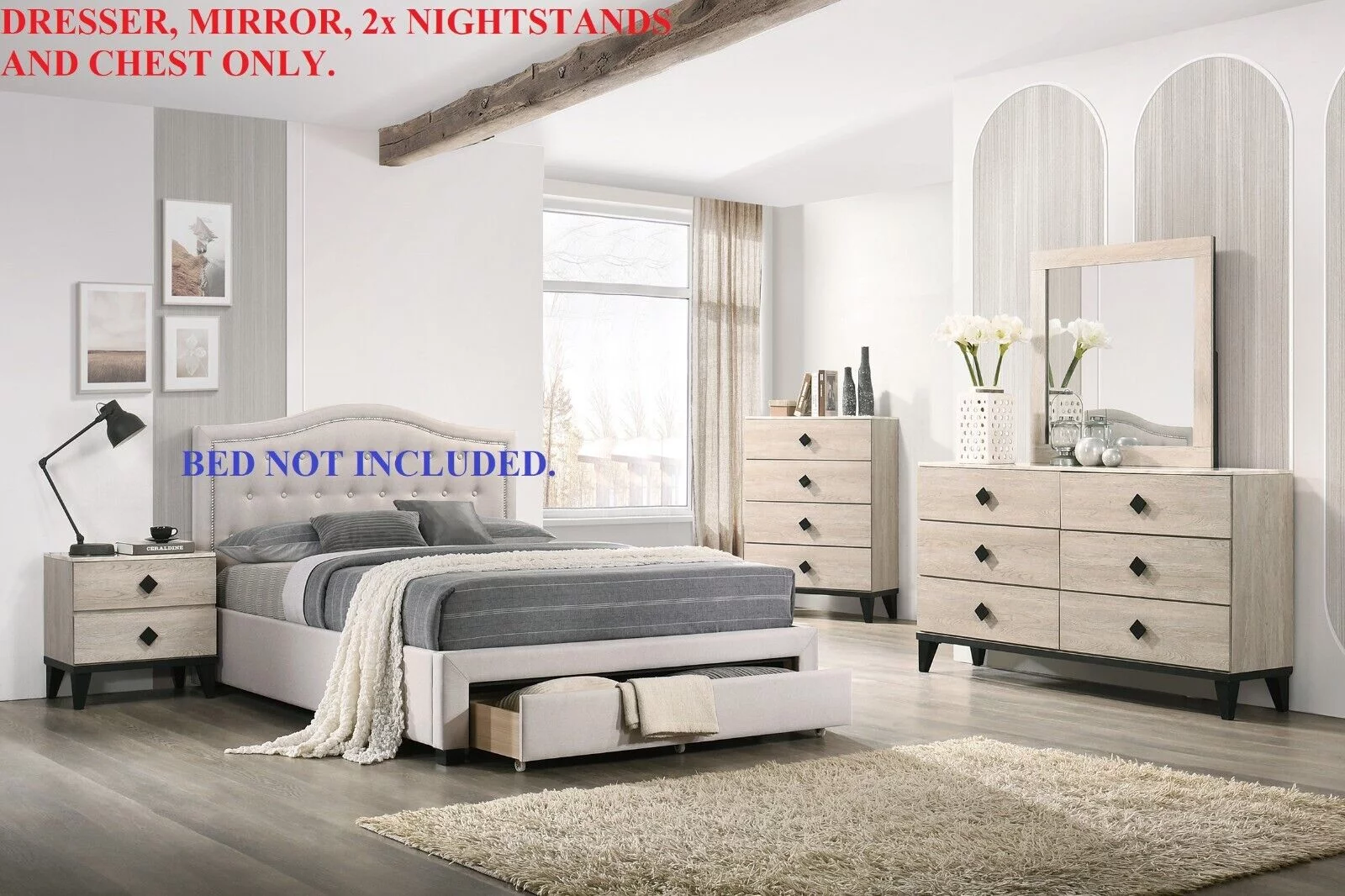 Transitional Cream Color Dresser Mirror 2x Nightstands Chest 5pc Bedroom Set Unique Handle pulls Rubberwood Veneer Furniture