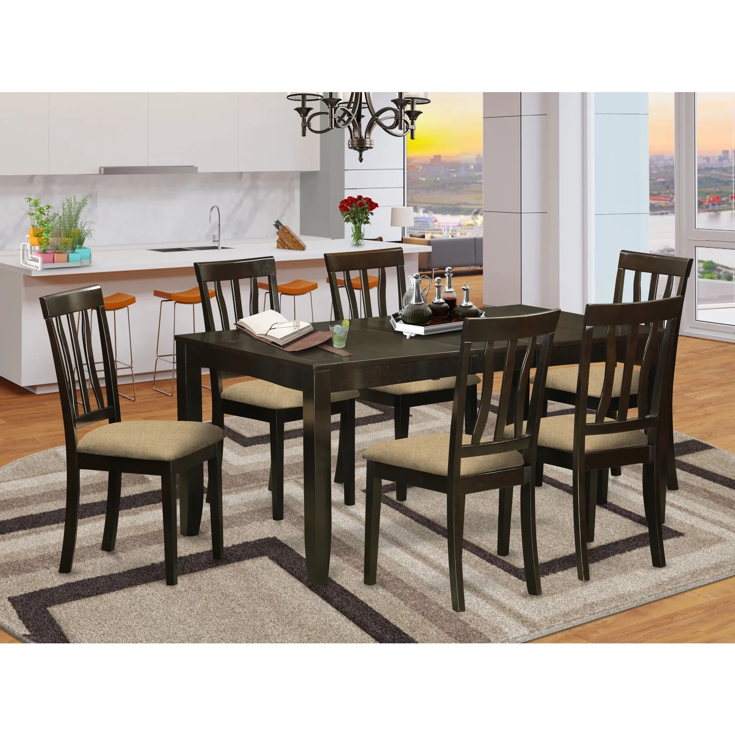 East West Furniture  Dining Table Set- a Dinner Table and 6 Dining Room Chairs, Cappuccino (Seat Options) LYAN7-CAP-C
