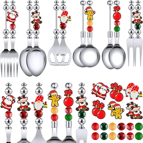 Gisafai 12 Sets Christmas Beadable Spoon Fork Set Beadable Items Christmas Kitchen Utensils Xmas Cutlery Bead Dessert Spoon for Xmas Party Favor Supplies