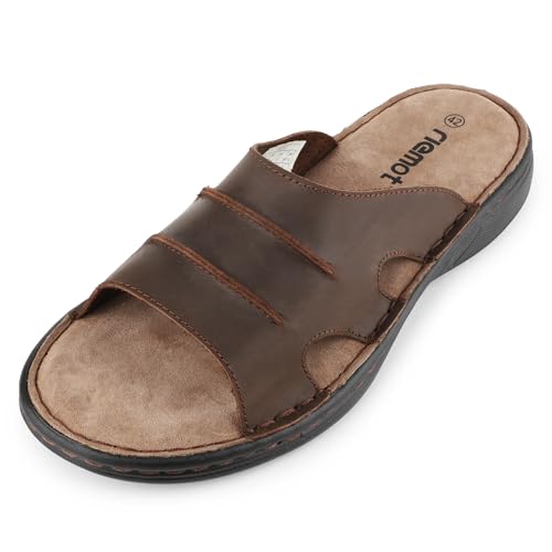riemot Men's Leather Sandals Outdoor Walking Cushioning Arch Support Sandals Casual Lightweight Non-slip Summer Slides Shoes US 9-14