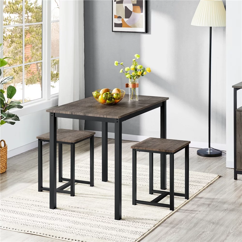 Yaheetech Industrial 3-Piece Dining Table Set w/ 2 Stools for Kitchen, Dining Room, Drift Brown