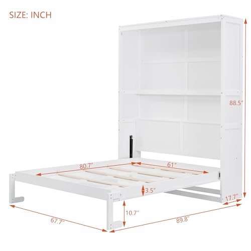 Murphy Bed Full Size, Cabinet Bed Frame with Storage Shelves, Modern Wood Foldable Wall Bed for Home Office Studio, White
