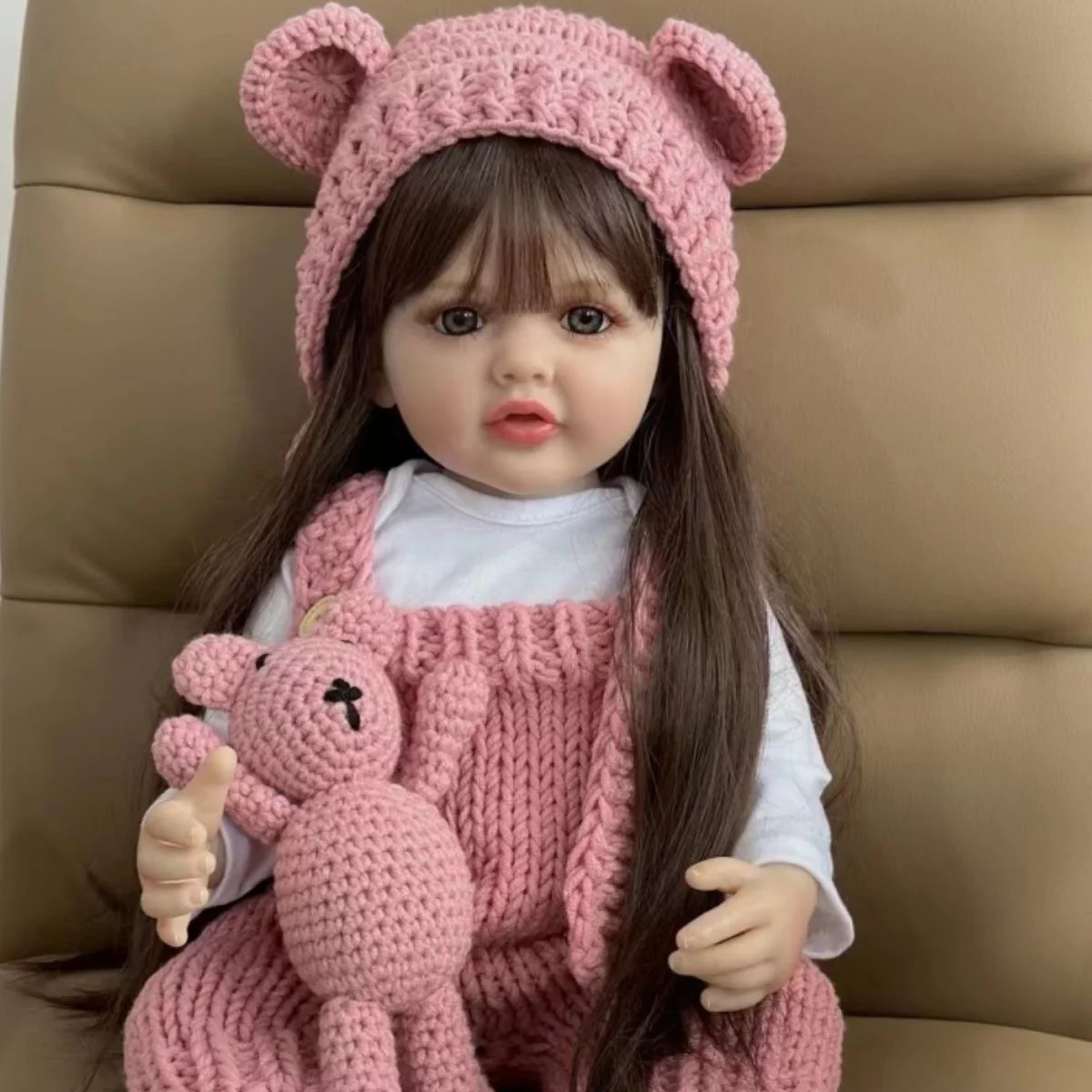 22 inch Soft Silicone Vinyl Reborn Baby Doll Lovely Girl in Pink Knitted Clothes with Bear Toy, Kids Birthday Christmas Gift