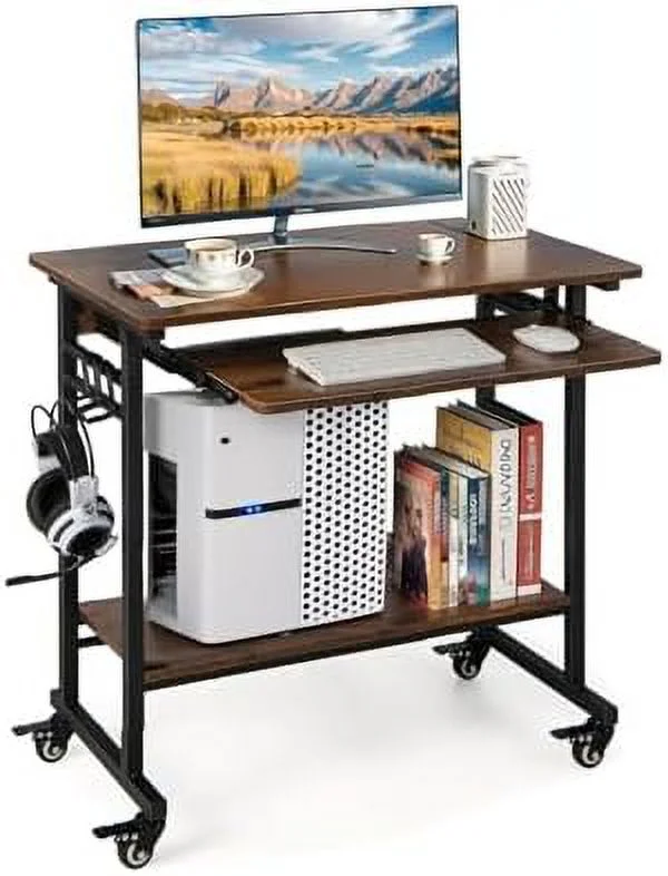 HOOMZNB Rolling Computer Desk with Keyboard Tray  Mobile Desk Cart on Wheels for Sofa  Portable Laptop Cart with   & 3 Hooks  Home Office Desk for Couch Bedside  Desk for Small Spaces