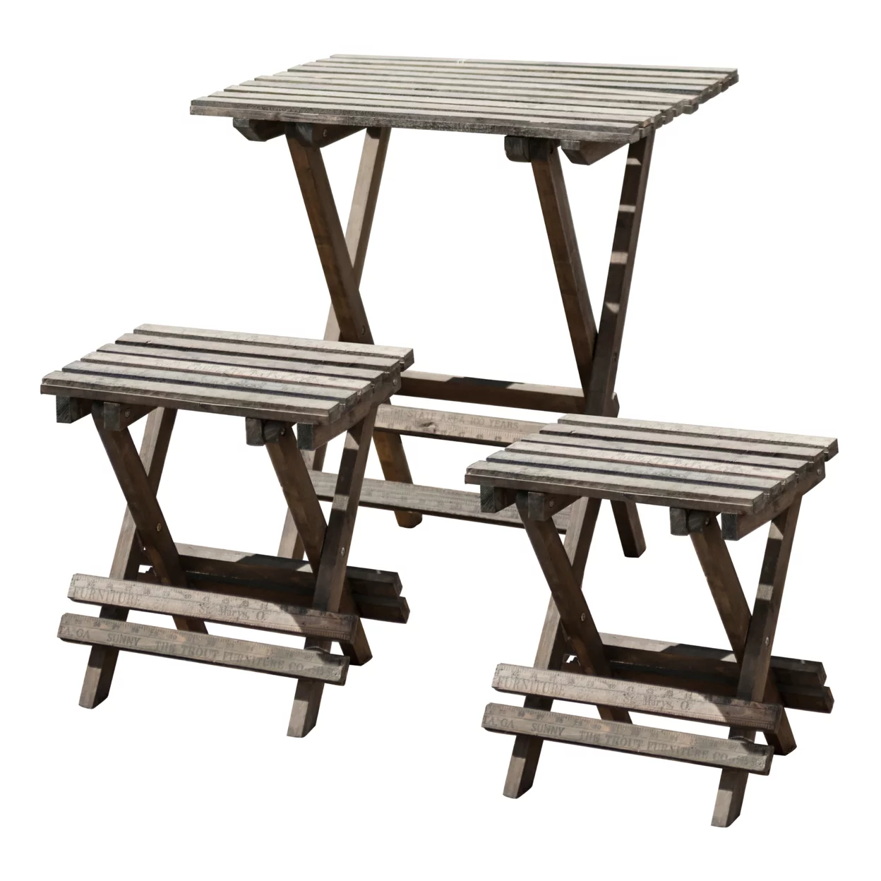 Wooden Chairs with Slated Plank Table Top and Seats,Set of 3, Brown- Saltoro Sherpi