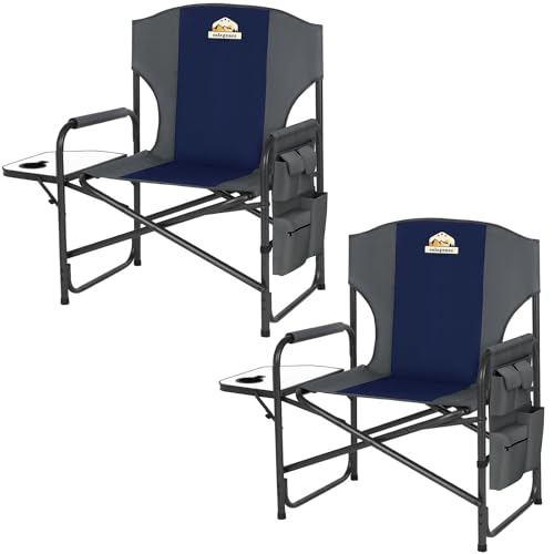 Oversized Directors Camping Chair Set of 2 Support 600 LBS, Heavy Duty Folding Outdoor Chairs with Detachable Side Pocket and Adjustable Side Table for Outside Beach,Lawn,Fishing (Black)
