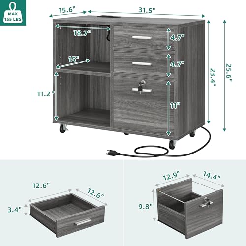 YITAHOME Wood File Cabinet, 3 Drawer Mobile Lateral Filing Cabinet, Storage Cabinet Printer Stand with Charging Station and Led Light for Home Office Organization, Black