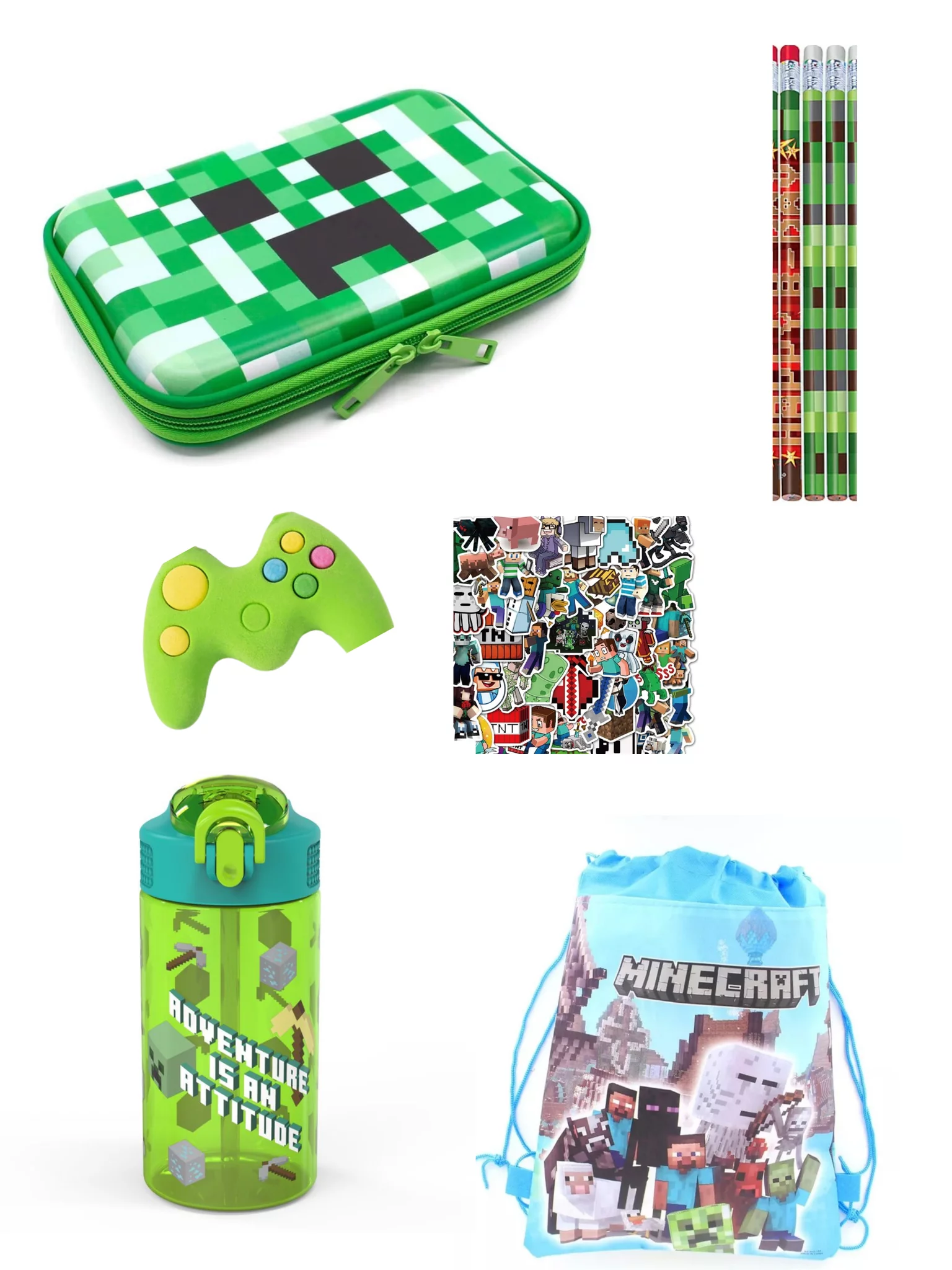 Minecraft Pencil Case, 4 Pixelated Pencils, Drawstring Backpack, 1 Gamer Eraser, 50 Stickers and 16oz Minecraft Creeper Zak Water Bottle