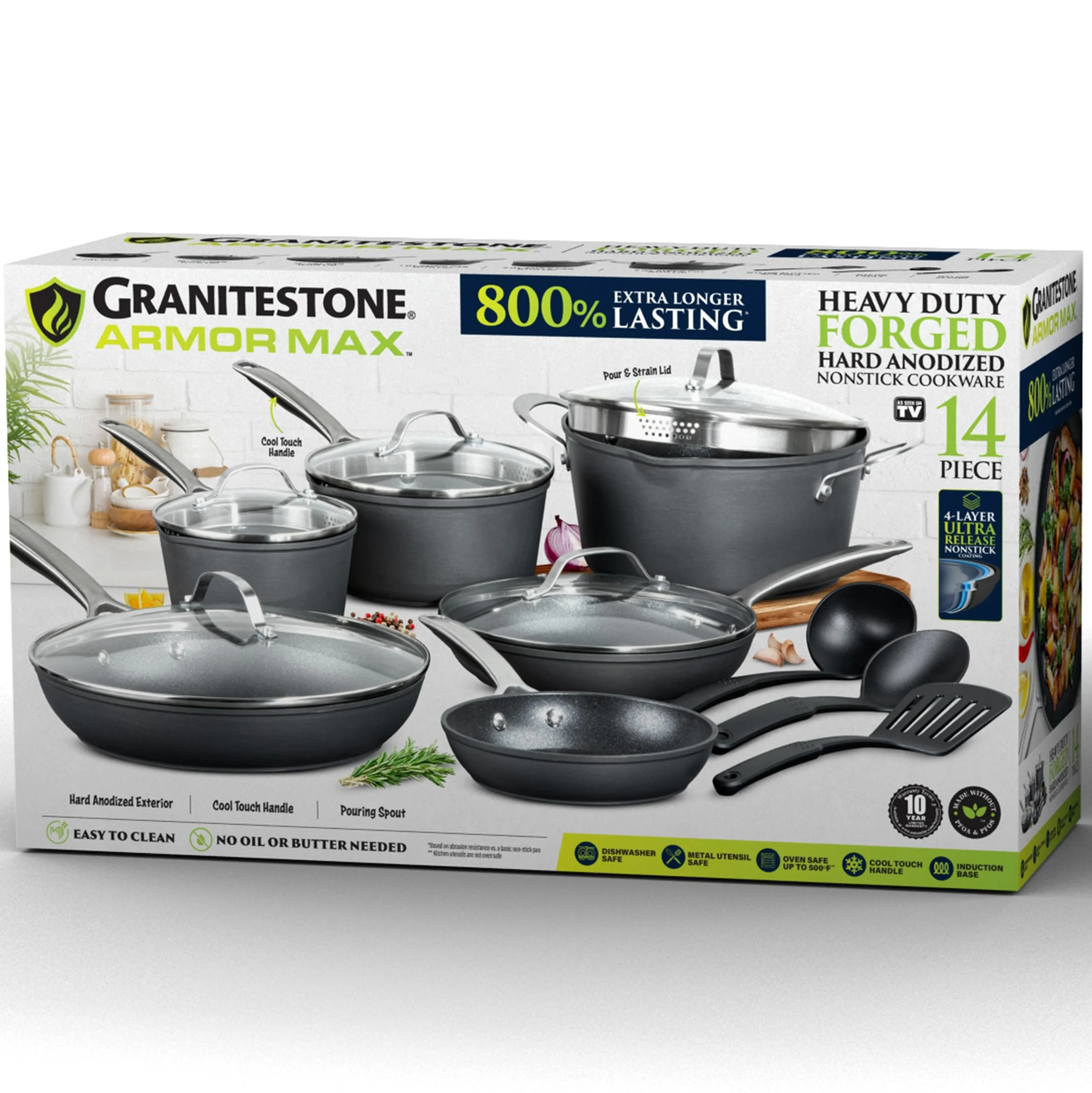 Granitestone Armor Max Pots and Pans Set Hard Anodized Cookware Set 14pc