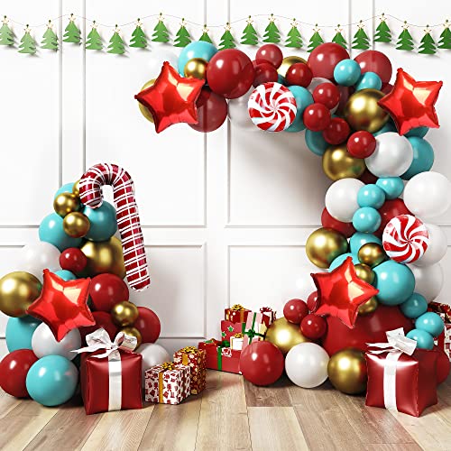 HOUSE OF PARTY Christmas Balloon Arch Kit - Red and Green Christmas Balloons with Candy Cane Foil Balloons, Star | Foil Balloons for Xmas Party Decorations