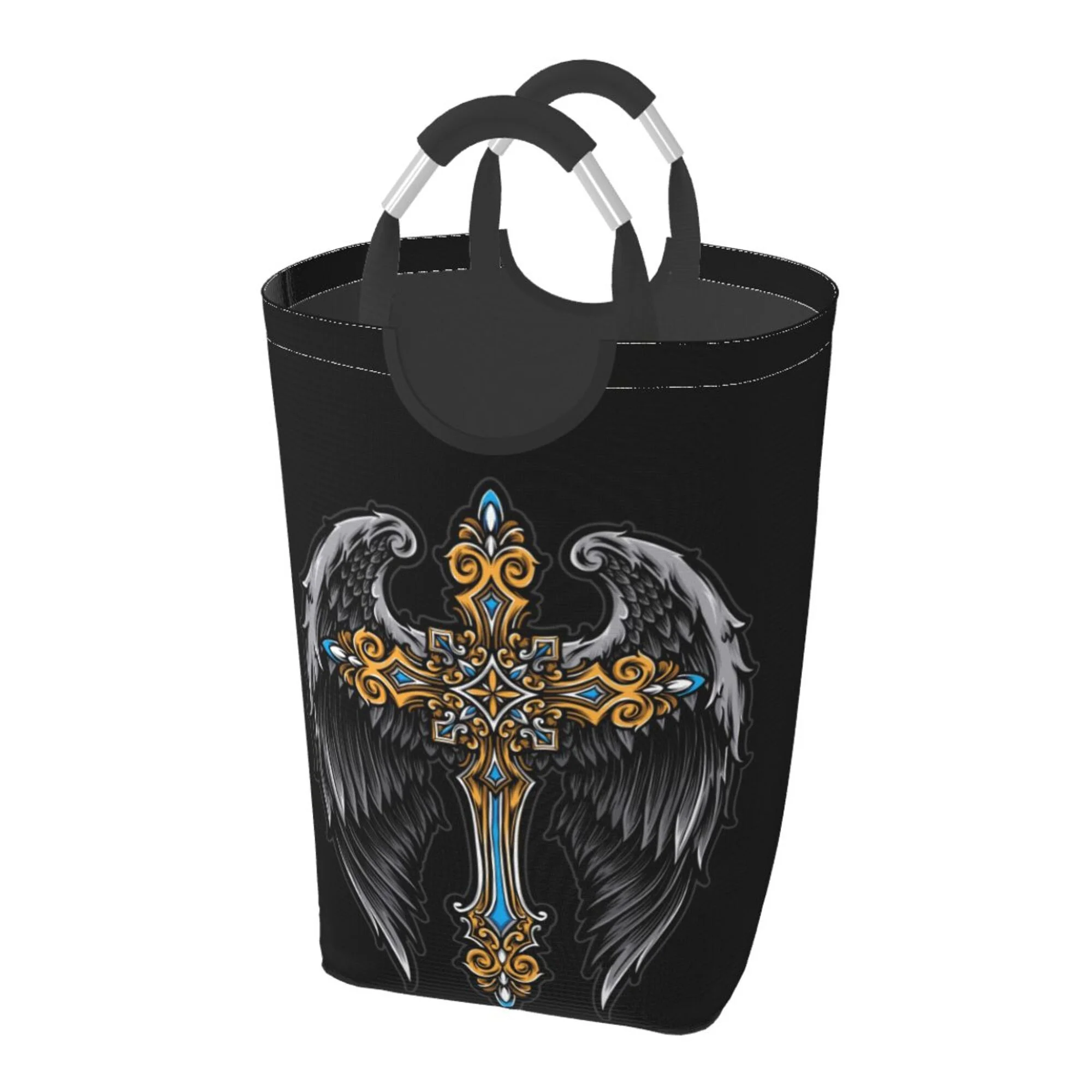 TEQUAN 50L Large Rectangular Laundry Hamper with Aluminum Handles, Vintage Cross Angel Prints Waterproof Foldable Dirty Clothes Basket