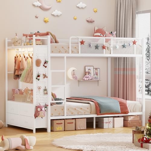 Itaar Metal Bunk Bed Twin Over Twin with Hall Tree, Power Outlet, LED Bunk Bed with 4 Storage Drawers, Bed with Safety Guardrail & Ladders, No Box Spring Needed, Easy Assembly, White