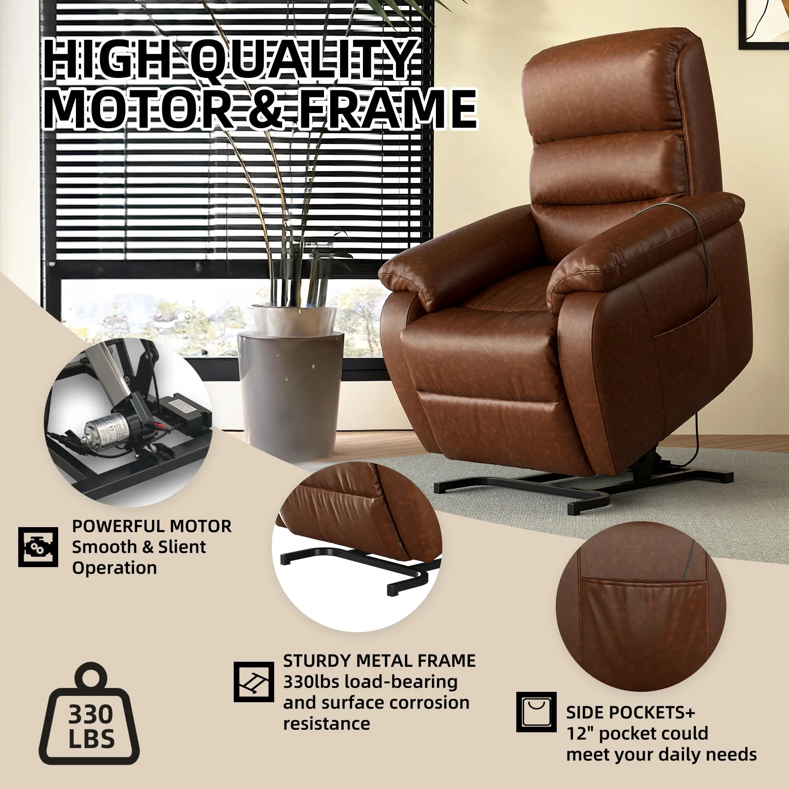 TOBILI Electric Large Power Lift Recliner with Massage and Heat PU Brown