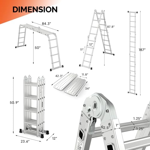 LUISLADDERS Folding Ladder Multi-Purpose Aluminium Extension 7 in 1 Step Heavy Duty Combination EN 131 Standard (12.5 Feet)