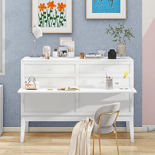 SOFTSEA Queen Size Murphy Bed with Bookcase, Bedside Shelves and Big Drawer, Storage Folding Wall Bed for Office Home Small Room Study, White