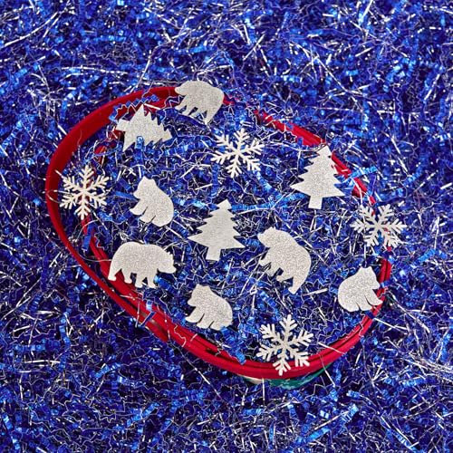 PAPER FAIR 1LB Metallic Red Green Christmas Crinkle Cut Paper Shred Filler w/Tree & Snowflake Confetti, Gift Wrap Packaging Raffia Tissue Strand, Craft Bedding Cushion, Winter Birthday Box Basket