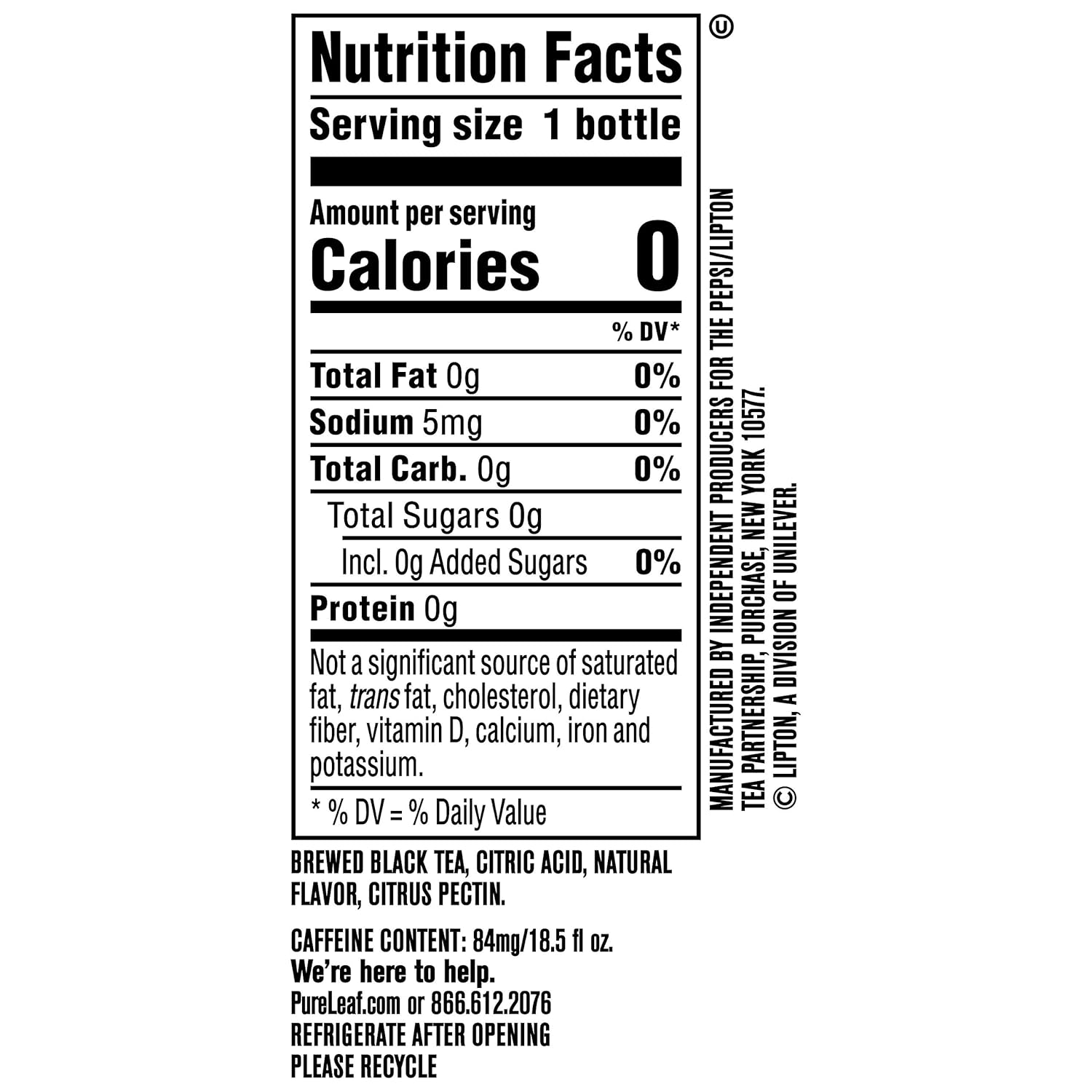 Pure Leaf Iced Tea Unsweetened Black Tea with Lemon, Unsweetened, 18.5 Fl Oz (Pack of 12)