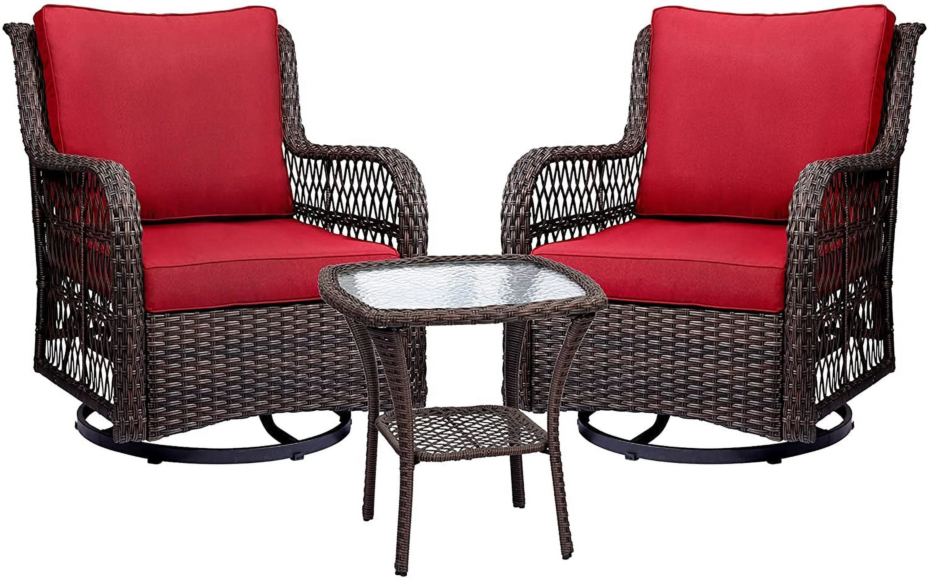 Outdoor Wicker Swivel Rocker Patio Set, 360 Degree Swivel, Elegant Wicker Patio Bistro Set with Premium Cushions and Armored Glass Top Side Table for Backyard