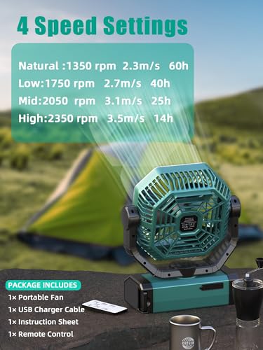 Portable Rechargeable 9-Inch Camping Fan - 10000mAh Battery, Auto Oscillation, Remote Control, 4 Speeds, 4 Timing, Outdoor