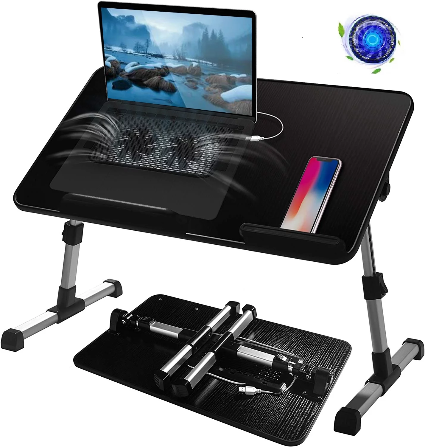Adjustable Laptop Desk Table for Bed, Foldable Computer Stand [Large Size] Tiltable Notebook Tray with Cooling Fan for Sofa Couch Floor (Black)
