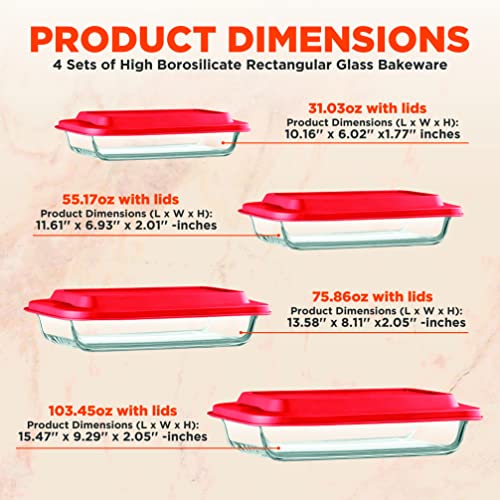 SereneLife 4-Piece Glass Baking Dish with Lids Set - Heavy Duty Rectangular Glass Baking Pan with BPA-Free Lids, Oven-Safe Bakeware for Lasagna, Meats, Desserts, & More - Dishwasher Safe, Blue
