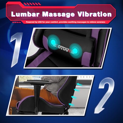 ECOTOUGE PC Massage Gaming Chair with Footrest Ergonomic Office Desk Chair Racing PU Leather Recliner Swivel Rocker with Headrest and Lumbar Pillow, Blue
