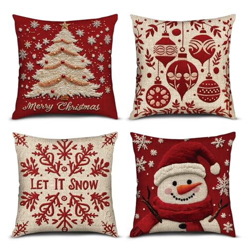 PICKFORU Christmas Throw Pillow Covers 18X18 Set of 4, Christmas Tree Snowman Jingle Bells Snowflake Winter Holiday，Xmas Decorative Pillow Cushion Cases，Outdoor Living Room Pillow Covers