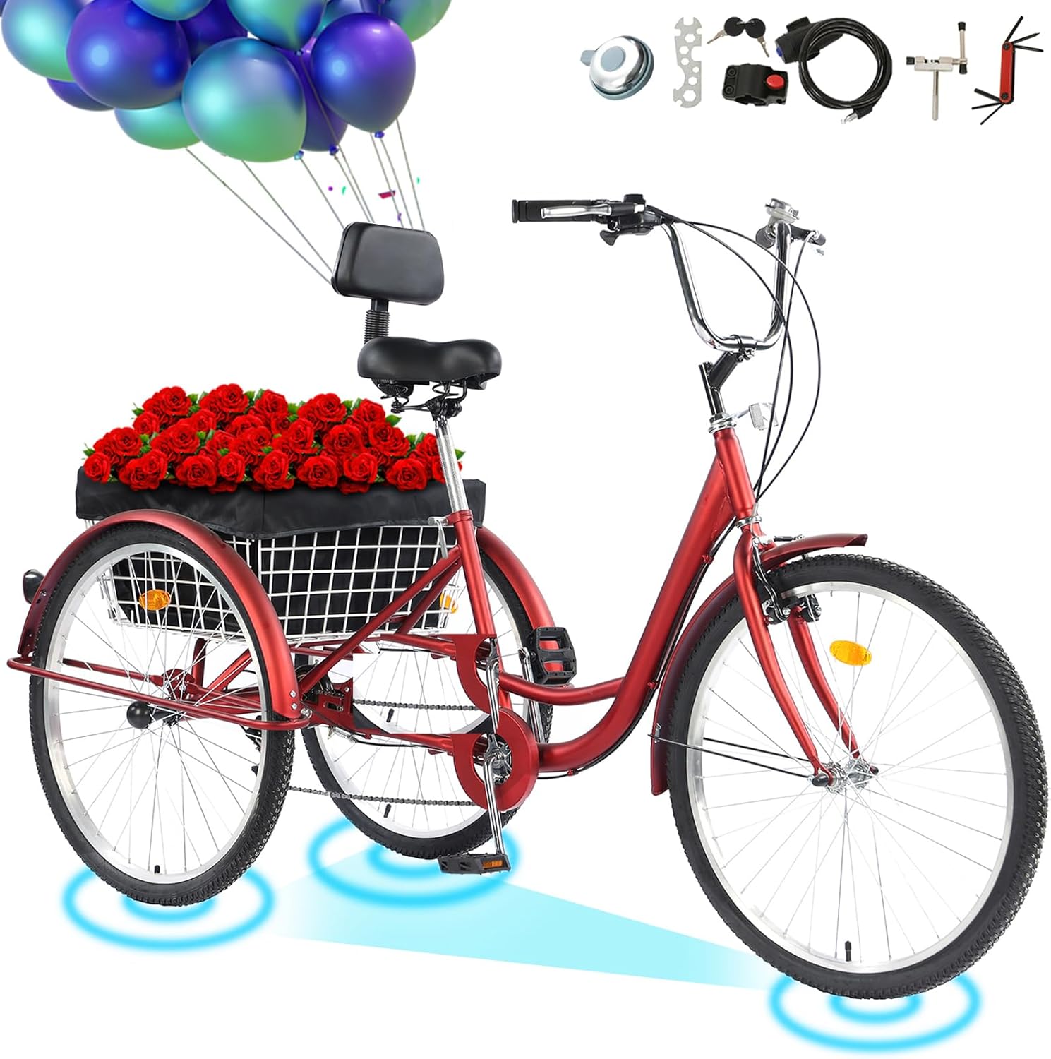 Adult Tricycle, 7 Speed Tricycles for Adults, 26 Inch Cruise Trike, Three Wheel Bikes with Large Basket & Low-Step Through Frame & Lock Kit, for Seniors, Women, Men, Dogs Beach