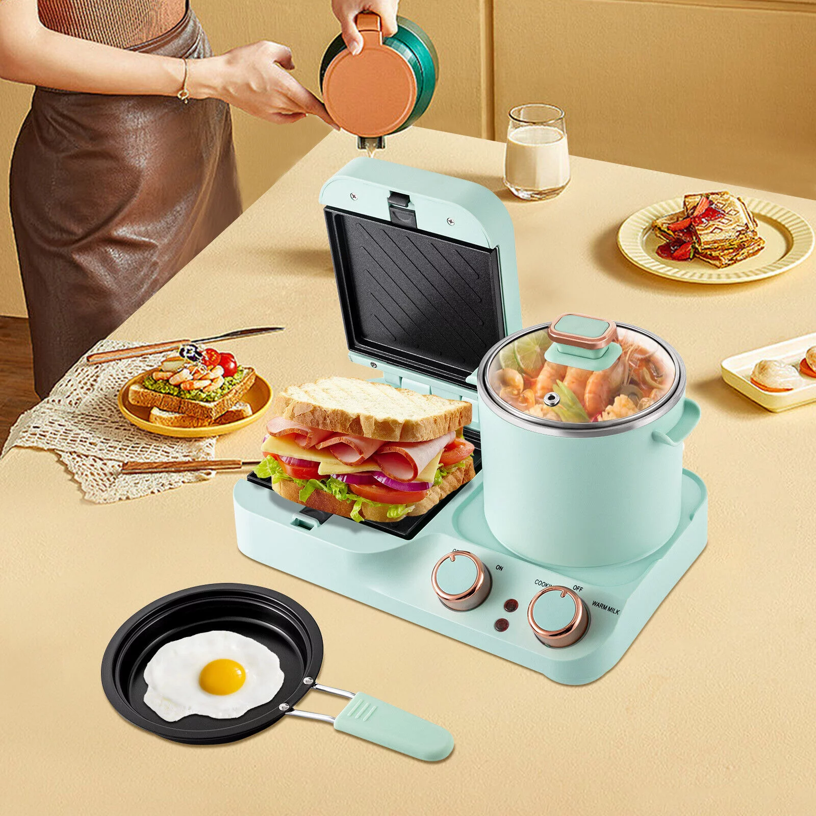 MIDUO 3 in 1 Multifunctional Breakfast Station Retro Household Electric Sandwich Maker w/Anti-scald Handle 110V