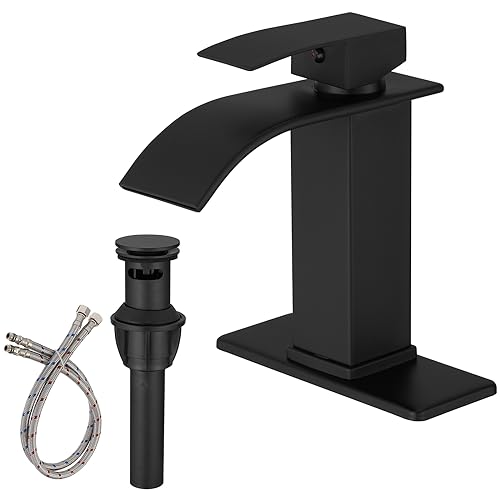 BWE Vessel Sink Faucet Modern Waterfall Chrome Single Hole Bathroom Faucet Single Handle with Pop up Drain Without Overflow Assembly Vanity Basin Bath Sink Faucets Mixer Tap