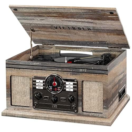 Victrola The Quincy 6-in-1 Bluetooth Record Player & Multimedia Center with Built-in Speakers – 3-Speed Turntable, CD & Cassette Player, AM/FM Radio, Wireless Music Streaming (Natural)