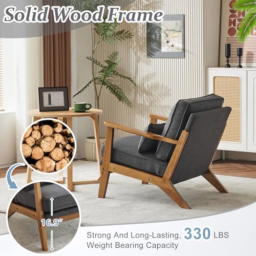 VINGLI Solid Wood Wide Armrests Accent Chair,Upholstered Mid Century Modern Chair with Pillow,Comfy Reading Chair Farmhouse Arm Chair,Chairs Living Room,Bedroom,Guest Room,Linen Fabric,Beige