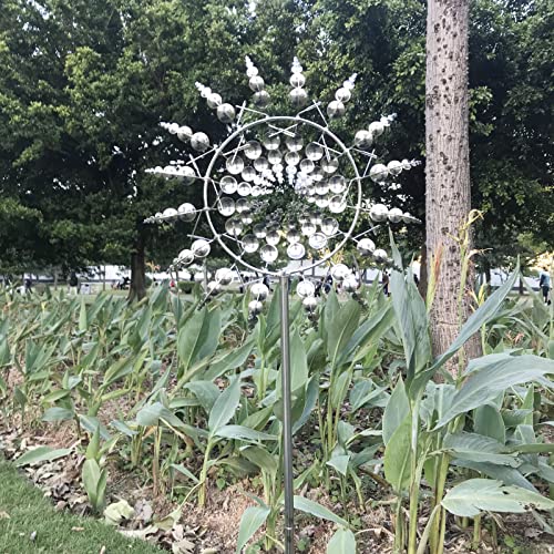 Magical Metal Windmill, Stainless Steel Windmill,Kinetic Metal Wind Spinners Garden Stake, 3D Wind Sculptures Move with The Wind Lawn Solar Wind Catcher Outdoor Patio Garden Decoration (SILVER-1PCS)