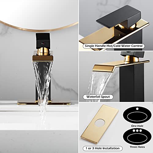 White Gold Faucet Bathroom Vessel Sink Golden Waterfall Spout Faucet Single Handle Bowl Sink Faucet Modern Single Hole Basin Vanity Tall Bathroom Sink Faucet with Pop Up Drain Stopper Supply Hose